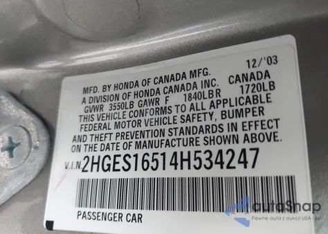 2004 Honda Civic Lx from USA, damaged, VIN 2HGES16514H534247